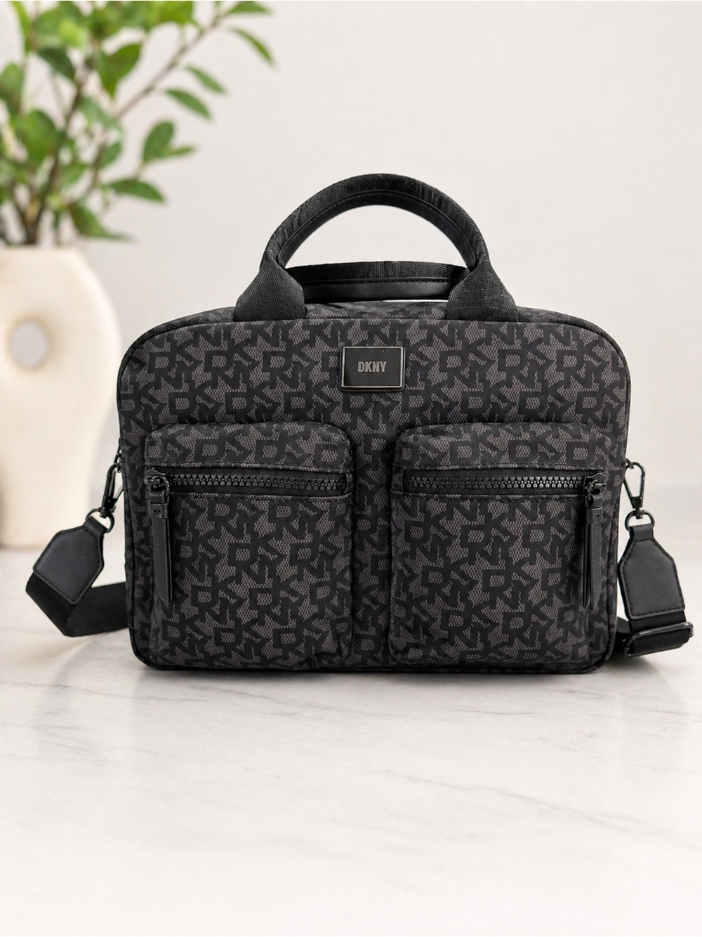 DKNY Monogram Crossbody Satchel Bag with Dual Front Pockets